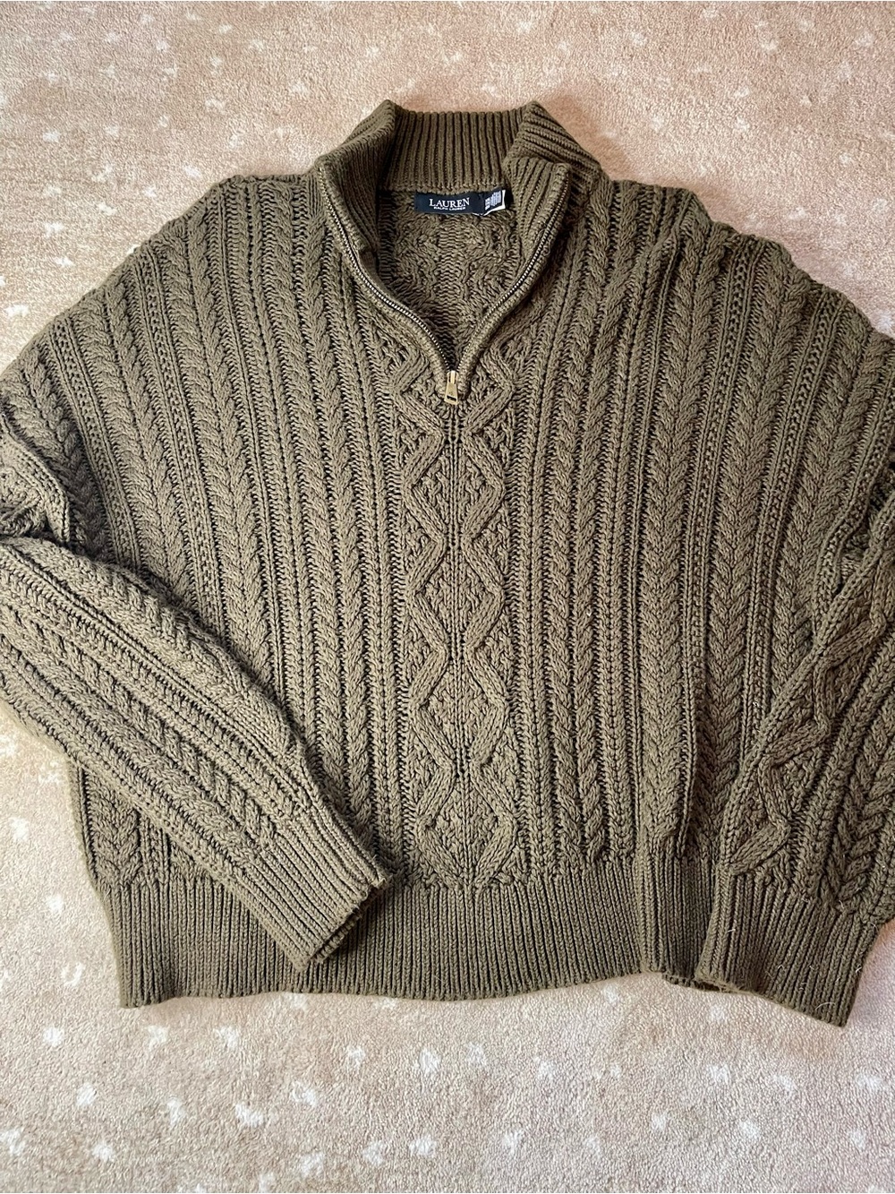 Lauren Ralph Lauren Olive Cable Half-Zip Mock Collar Sweater